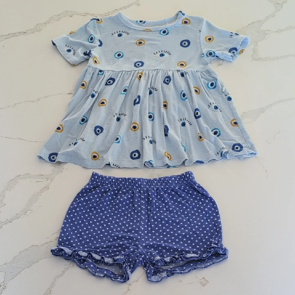 Posh Peanut Light Blue Eye-Print Peplum Top with Navy Dot Shorts